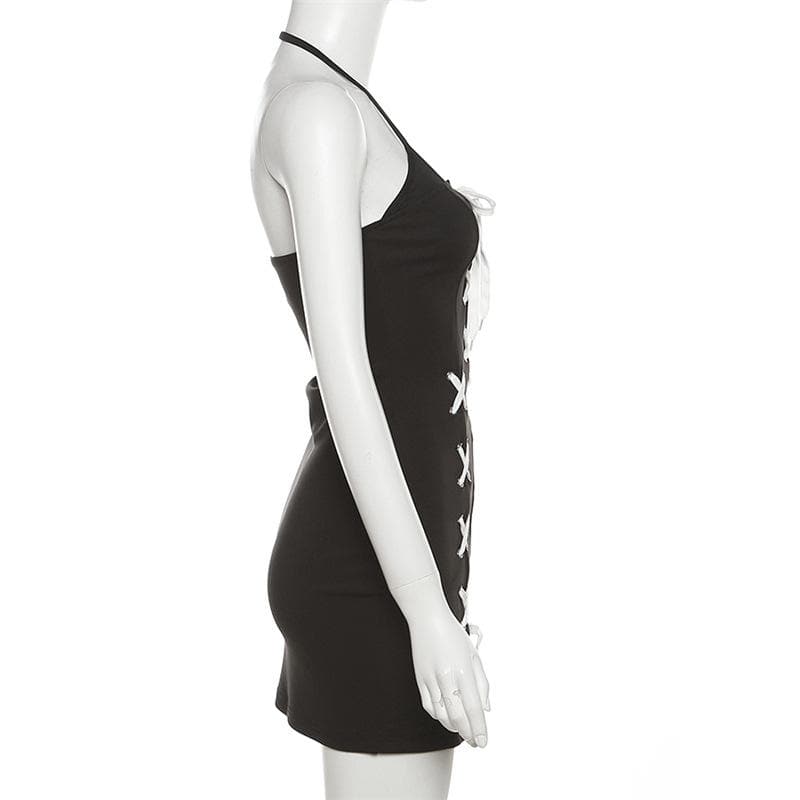 Halter Lace-Up Contrast Panel Slit Mini Dress