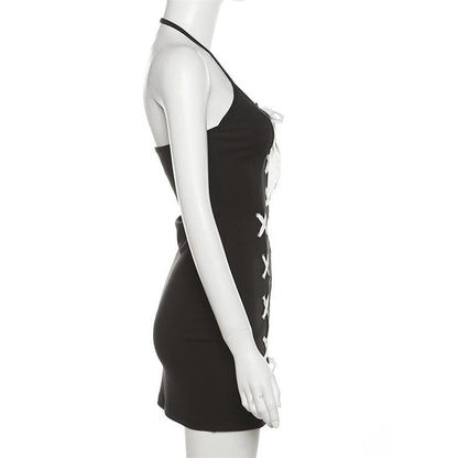 Halter Lace-Up Contrast Panel Slit Mini Dress