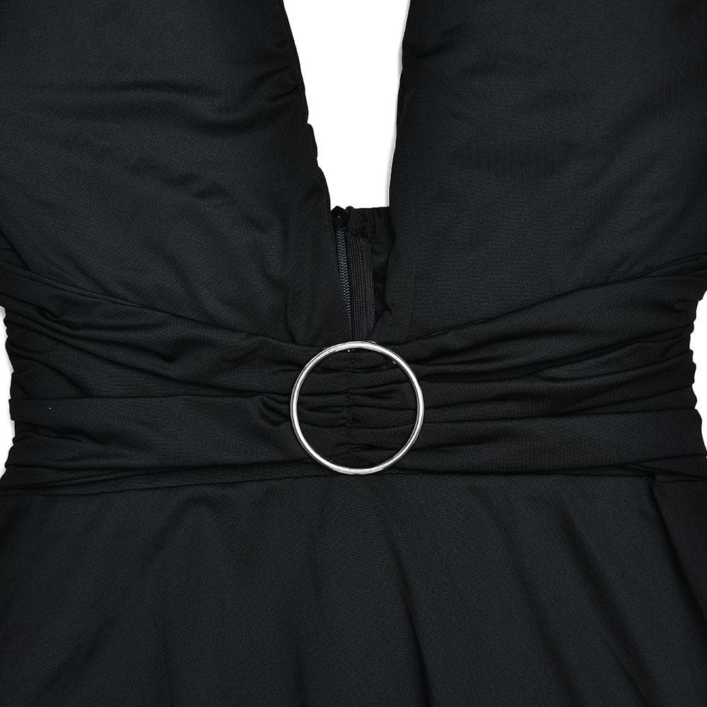 Halter O-Ring Plunge V-Neck Ring Waist Asymmetric Hem Midi Dress