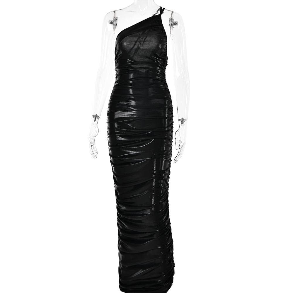 One Shoulder Asymmetric Neck Side Seam Ruched Zip Detail Floor Length Maxi Dress