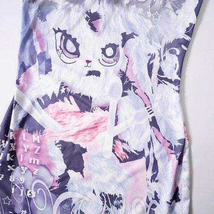 Cat Graphic Print Contrast Ruffle Trim Cami Mini Dress