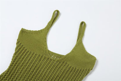 Spaghetti Strap V-Neck Crochet Pointelle Ruffle Lettuce Hem Mini Dress