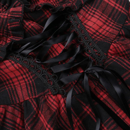 Plaid Halter Choker Keyhole Lace Up Corset Backless Mini Dress