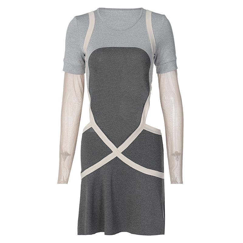 Mesh Long Sleeve Contrast Cross Front Hollow Out Mini Dress