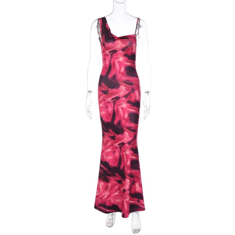 Asymmetrical Strap Abstract Marble Print Ruched Mermaid Maxi Dress