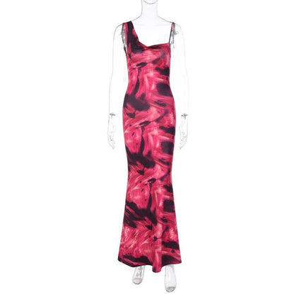 Asymmetrical Strap Abstract Marble Print Ruched Mermaid Maxi Dress