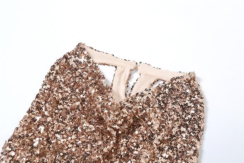 All Over Sequin Halter Cowl Neck Bodycon Mini Dress