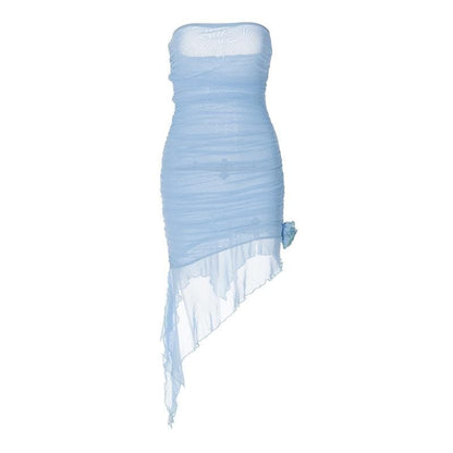 Strapless Ruched Mesh Rosette Asymmetric Hem Mini Dress