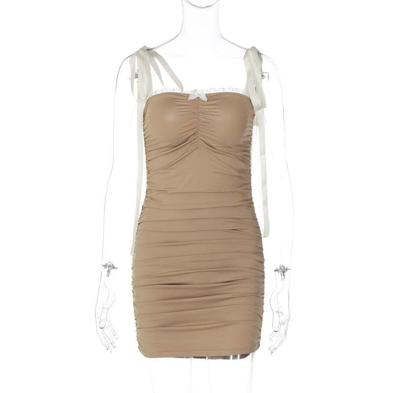 Lace Trim Bow Accent Tie Strap Ruched Bodycon Mini Dress