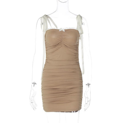 Lace Trim Bow Accent Tie Strap Ruched Bodycon Mini Dress