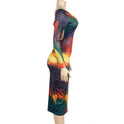 Crew Neck Long Sleeve Abstract Brushstroke Print Bodycon Maxi Dress