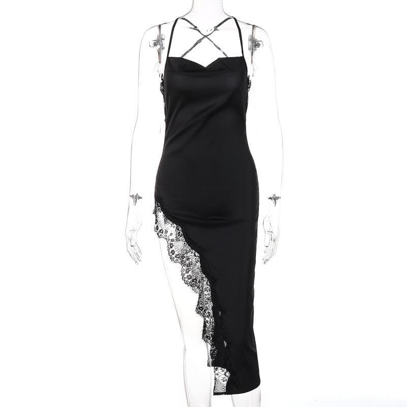 Spaghetti Strap Square Neck Lace Trim High Slit Satin Slip Midi Dress