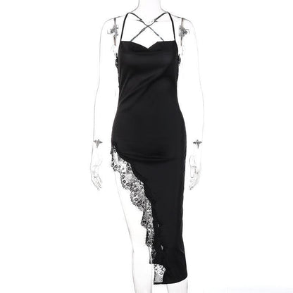 Spaghetti Strap Square Neck Lace Trim High Slit Satin Slip Midi Dress
