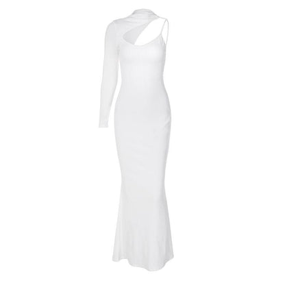 Asymmetrical One Long Sleeve Cutout Mock Neck Ribbed Knit Maxi Dress