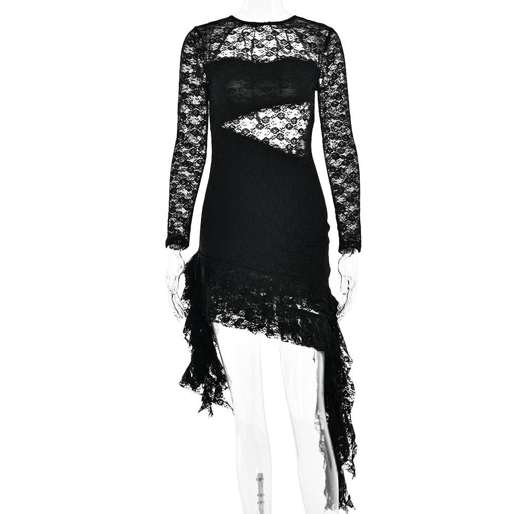 Lace Sweetheart Cutout Long Sleeve Asymmetric Ruffle Hem Mini Dress
