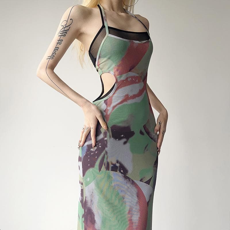 Abstract Print Halter Mesh Inset Side Cutout Bodycon Maxi Dress