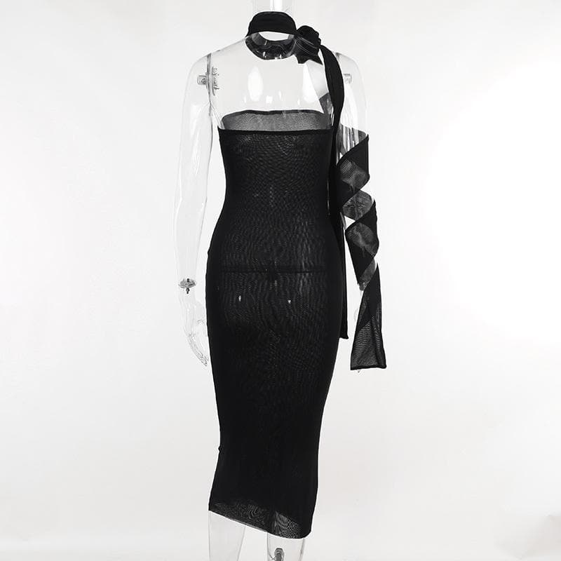 Strapless Flower Applique Lace-Up Ribbon Tube Midi Dress
