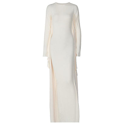 Long Sleeve Crew Neck Draped Side Panel Bodycon Maxi Dress