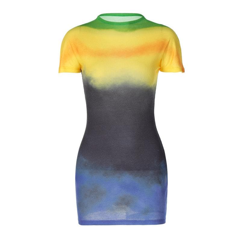 Ribbed Knit Tie Dye Gradient Mock Neck Short Sleeve Mini Dress