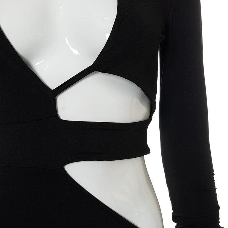 Crew Neck Padded Shoulder Multi Cutout Drape Panel Mini Dress