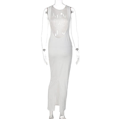Wide Strap Deep Scoop Back Vent Column Maxi Dress