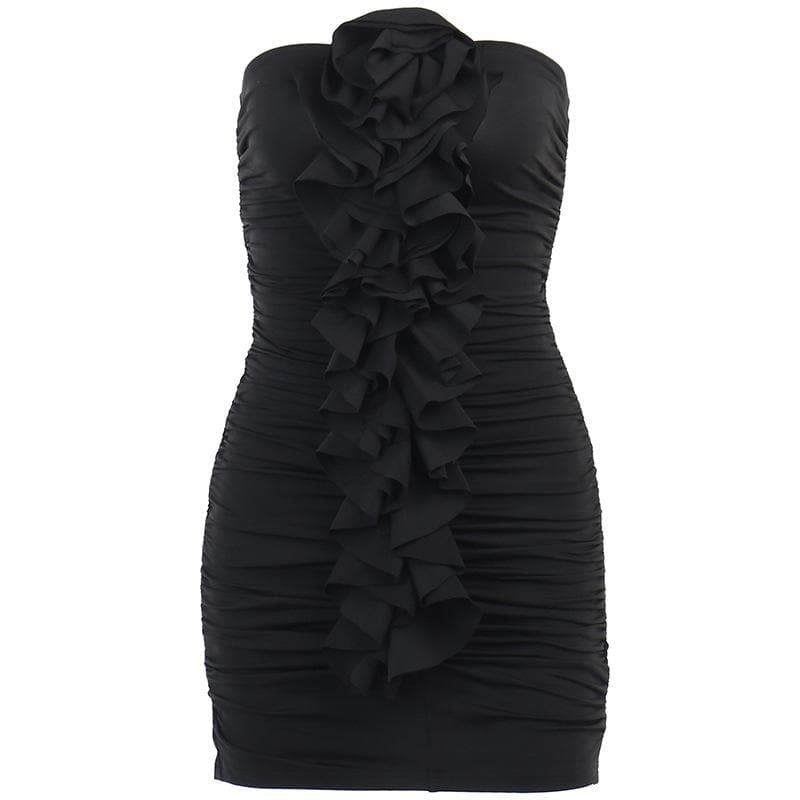 Strapless Rosette Applique Center Ruffle Column Ruched Mini Dress