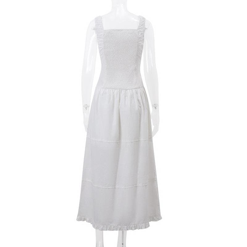 Square Neck Button Front Smocked Ruffle Tiered Milkmaid Maxi Dress