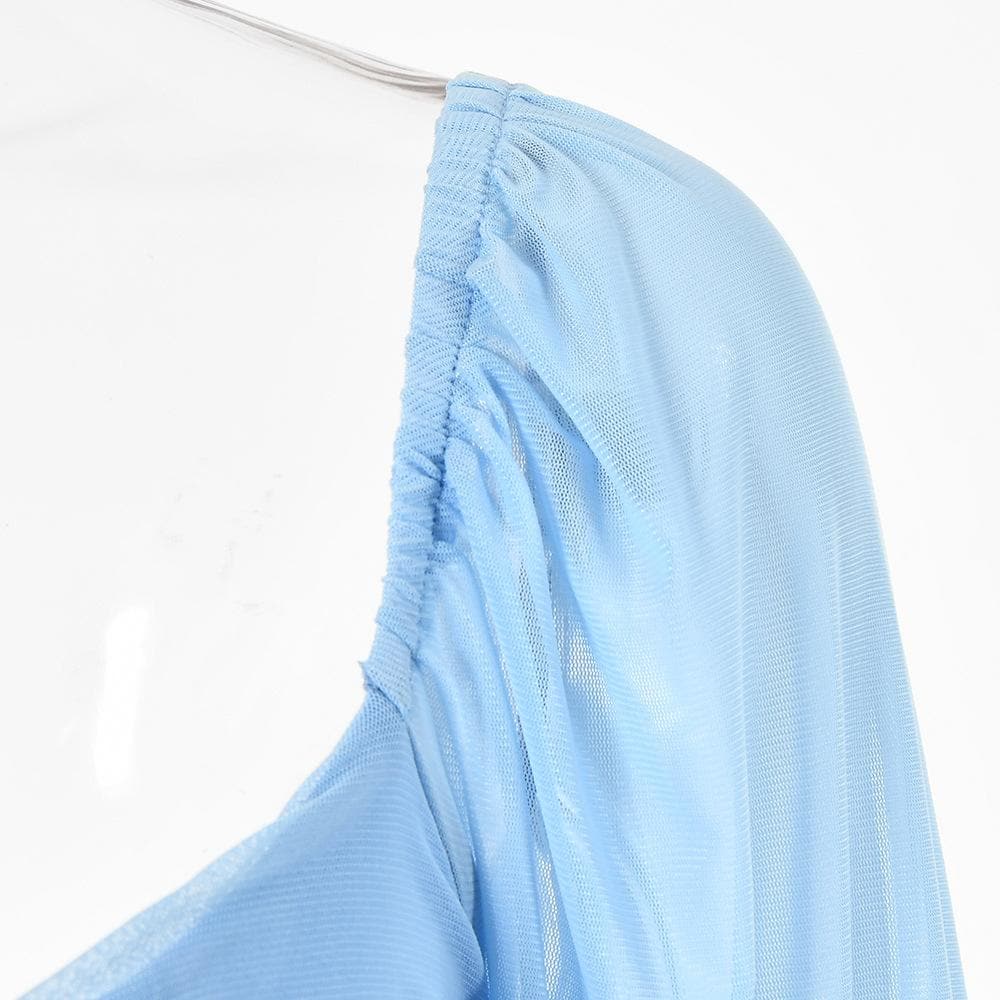 Strapless V-Notch Off Shoulder Puff Sleeve Ruched Mesh Mini Dress