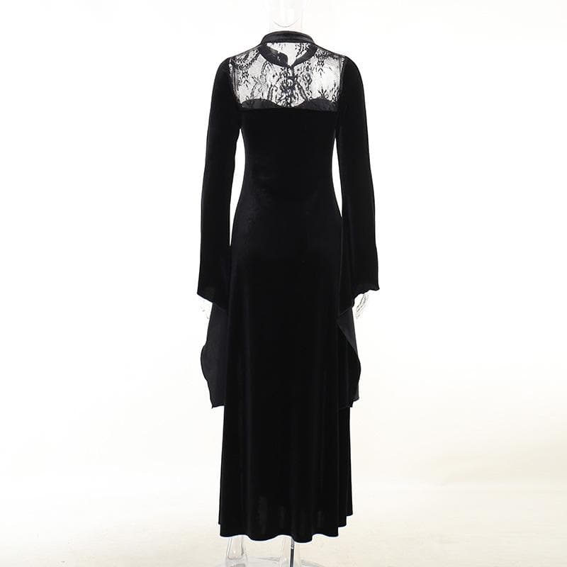 Velvet Mandarin Collar Lace Yoke Bell Sleeve Double Slit Maxi Dress