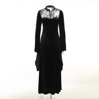 Velvet Mandarin Collar Lace Yoke Bell Sleeve Double Slit Maxi Dress