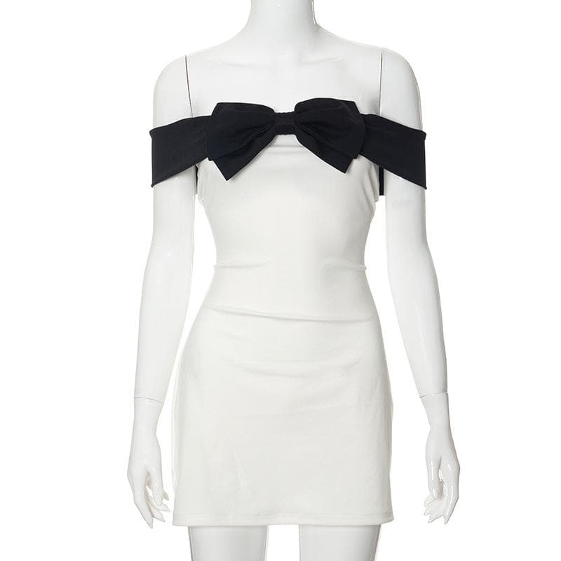 Off Shoulder Oversized Bow Contrast Bodycon Mini Dress