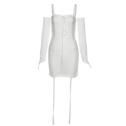 Ribbed Lace Up Detached Sleeve Hollow Out Mini Dress