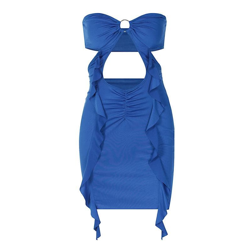 Strapless Bow Front O-Ring Cutout Side Ruffle Bodycon Mini Dress