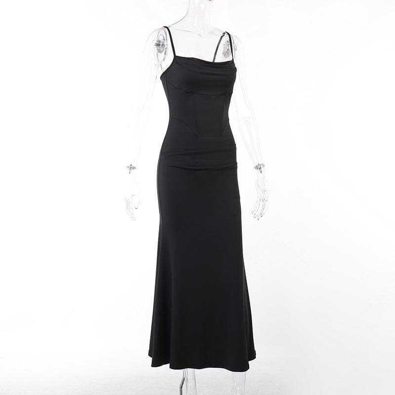 Spaghetti Strap Cowl Neck Corset Seam Ruched Bodycon Maxi Dress