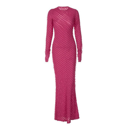 Crew Neck Long Sleeve Diagonal Ruffle Trim Bodycon Maxi Dress