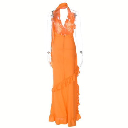Halter Scarf Neck Surplice Ruffle Trim Maxi Gown