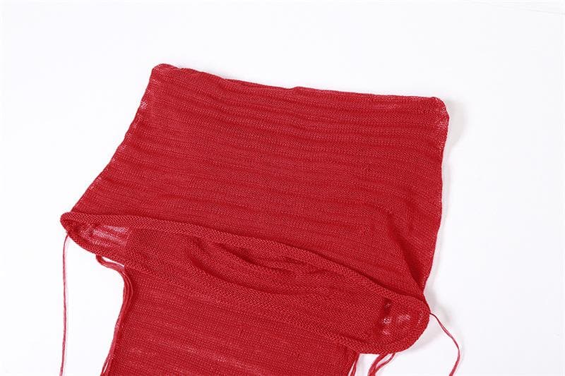 Hooded Sheer Mesh Ribbed Knit Scarf Neck Sleeveless Maxi Dress