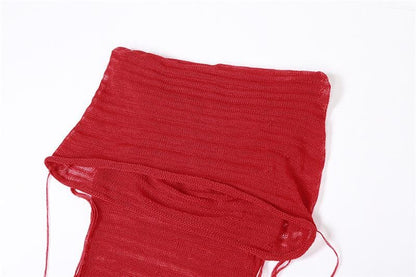 Hooded Sheer Mesh Ribbed Knit Scarf Neck Sleeveless Maxi Dress