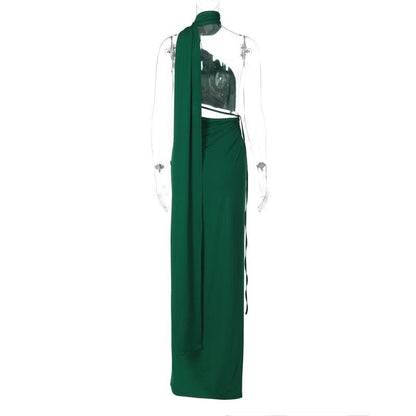 Choker Halter O Ring Cutout High Slit Draped Train Panel Maxi Dress
