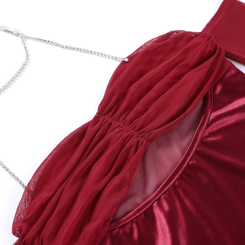 Mesh Ruched Halter Chain Neck Cutout Mini Dress with Detached Sleeves Set