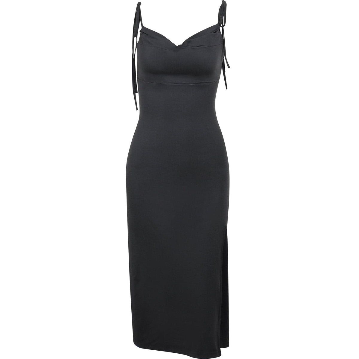 Cowl Neck Self Tie Spaghetti Strap Side Slit Bodycon Midi Dress