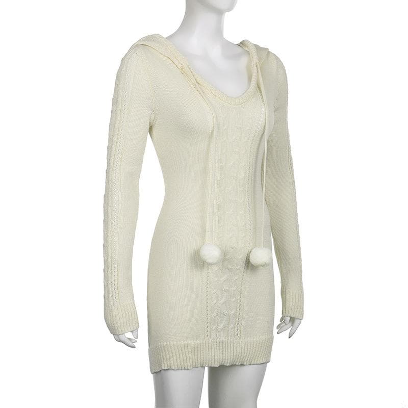 Cable Knit Hooded Pom Drawstring Long Sleeve Mini Dress