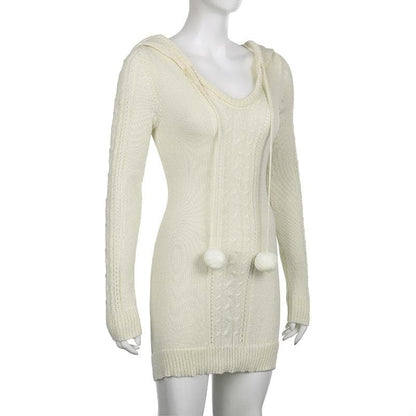 Cable Knit Hooded Pom Drawstring Long Sleeve Mini Dress