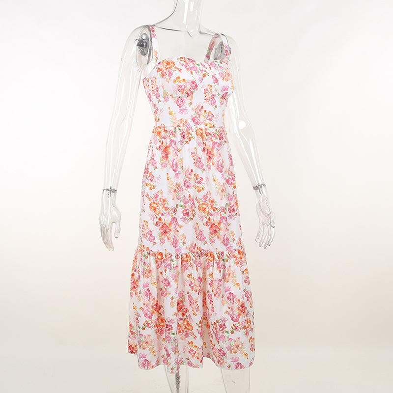 Floral Print Square Neck Wide Strap Corset Bodice Tiered Ruffle Hem Midi Dress