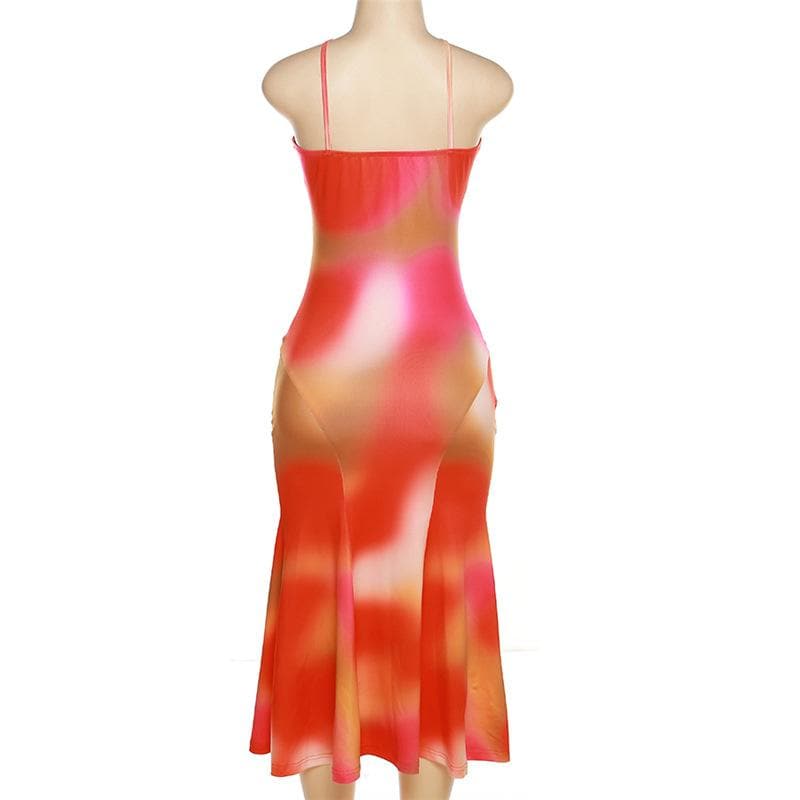 Spaghetti Strap Twist Neck Abstract Heat Map Print Mermaid Maxi Dress