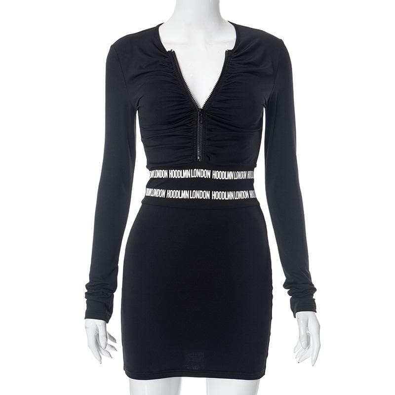 V-Neck Zip Front Ruched Long Sleeve Contrast Waist Tape Bodycon Mini Dress