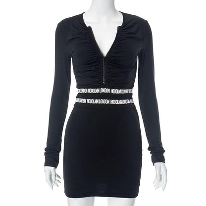 V-Neck Zip Front Ruched Long Sleeve Contrast Waist Tape Bodycon Mini Dress
