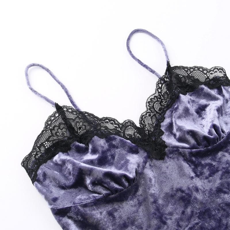 Lace Trim Velvet V Neck Cami Top and Tiered Ruffle Mini Skirt Set