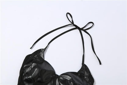 Halter Sweetheart Underwire Faux Leather Corset Top Slit Front Mini Skirt Set