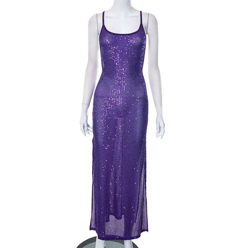 Sequin Spaghetti Strap Low Open Back Bodycon Maxi Dress